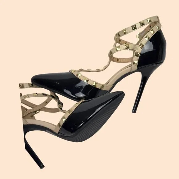 Wild Diva Lounge 64 Sexy Stud Patent Leather Stiletto Black Beige Heels Size 9 - Picture 11 of 16